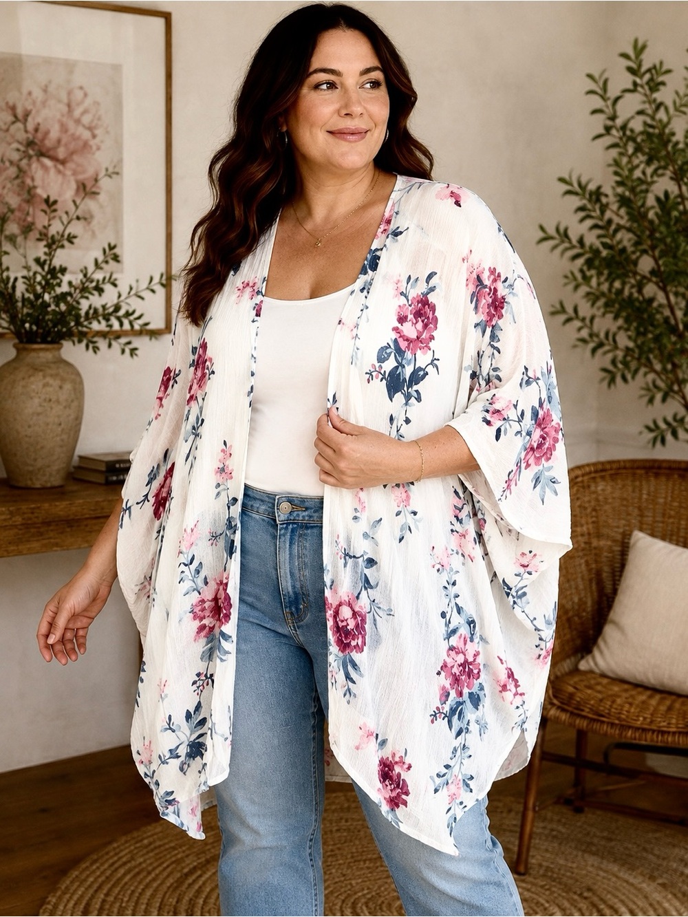 Moral Fiber Floral Kimono Cardigan White Pink Blue Boho Oversized L